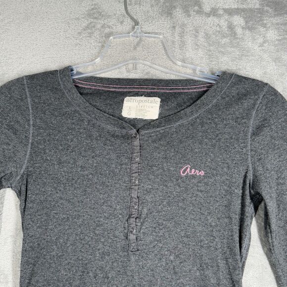 Aeropostale Shirt Juniors Large Gray‎ Pink Logo Henley Neutral Casual Bella Swan - Picture 4 of 6